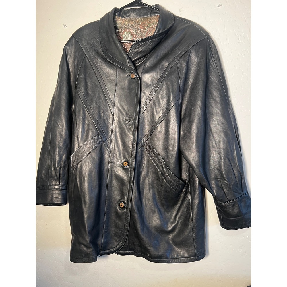 Vintage Gerome Barcelona Black Lambskin Leather Paisley Lined Jacket 80s Chevron - Picture 2 of 14